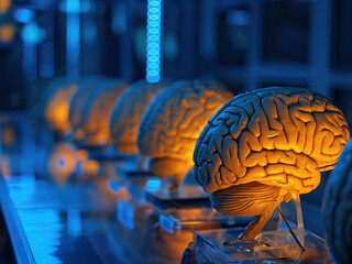 A row of artificial brains on glass stands in laboratory, blue and yellow light with copy space