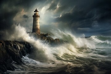 Wall Mural - : A dramatic view of a stormy sea, with waves crashing against a solitary lighthouse on a rocky coastline during a tempest.