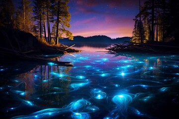 Wall Mural - : A surreal image of a bioluminescent lake at night, with the water glowing in vibrant hues, creating a stunning display of natural beauty.