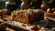 Piece of tasty homemade cake with walnuts on the table, closeup