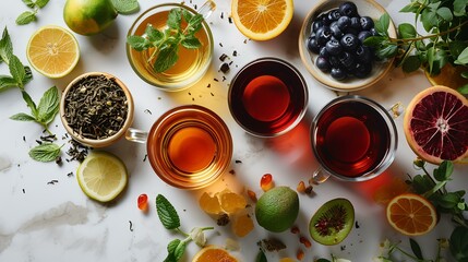 Wall Mural - Cups of tea with fruits and berries on a light background, top view