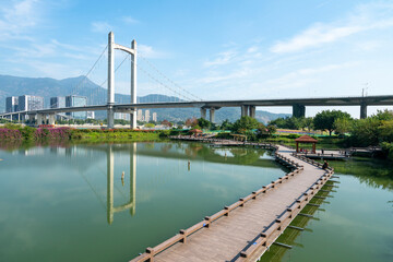 Wall Mural - Huahai Park and Fuzhou Financial District Urban Skyline, Fujian, China