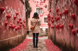  lady taking a photo in the alley with hearts all down street art valentine concept
