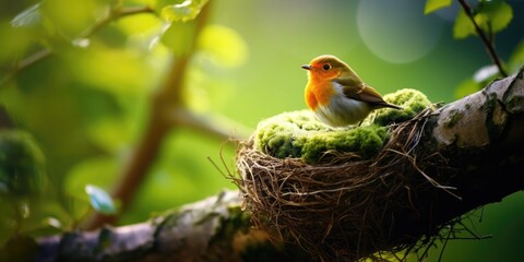 beautiful forest a bird's nest on the branch of a big tree a big bird feeding a small bird wallpaper