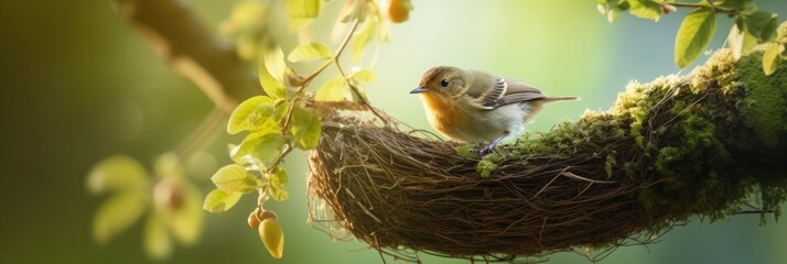 beautiful forest a bird's nest on the branch of a big tree a big bird feeding a small bird wallpaper