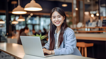 Asian office working girl with a radiant smile sits in front of her laptop computer, immersed in work, against a soothing blue turquoise background. generative AI.