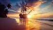 sunset view on beach with pirate ship. seamless looping time-lapse virtual video Animation Background.	
