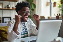 Happy Excited African American Gen Z Teen Student Winner Celebrating Goal Achievement Receiving Email Reading Good News About Exam Results Getting Scholarship Looking At Laptop At, Generative AI 
