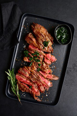 Wall Mural - Grilled marbled beef steak. Top view with copy space.