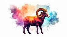  a watercolor painting of a ram standing in front of a multicolored cloud of smoke and smudges.