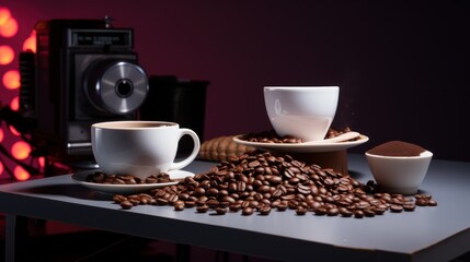  a table topped with two cups of coffee next to a pile of coffee beans on top of a wooden table.