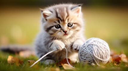   a kitten playing with a ball of yarn in a field of grass with leaves on the ground and a ball of yarn in the foreground.