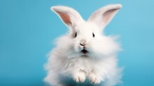  A Small White Rabbit Sitting On Top Of A Blue Surface And Looking At The Camera With A Sad Look On Its Face.