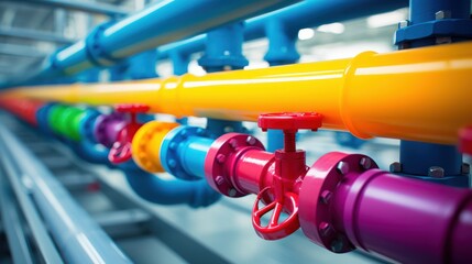 Wall Mural -  a row of colorful pipes on a conveyor belt in a factory or assembly line with blue, yellow, red, pink, green, and orange pipes.