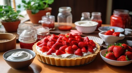 Canvas Print -  a close up of a pie on a table with a bowl of strawberries and a bowl of yogurt.