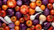  a pile of tomatoes, onions, onions, garlic, and other fruits and vegetables are shown in this image.