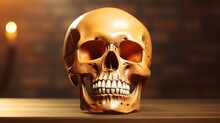  A Human Skull Sitting On A Table In Front Of A Wall With A Candle In The Corner Of The Room.