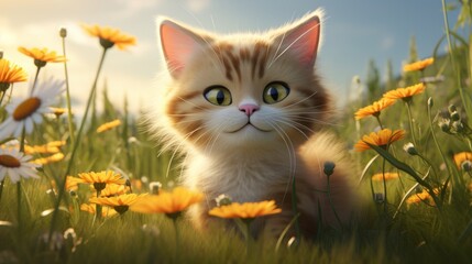Charming digital art of a fluffy kitten among daisies in sunlight - ideal for greeting cards, children's books, or wallpapers.