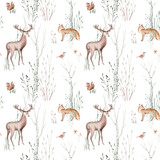Fototapeta Dziecięca - Watercolor Woodland animals seamless pattern. Fabric wallpaper forest with baby deer. Owl, fox and butterfly, Bunny rabbit set of forest, bear and bird baby animal Nursery