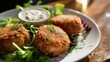 Crispy fish cakes made with a blend of fresh fish, herbs, and spices, served with a side of lemon-dill aioli and mixed greens.