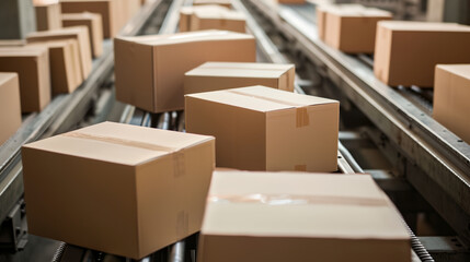 Cardboard boxes in warehouse being sorted on conveyor for delivery shipping