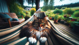 Fototapeta  - A Norwegian Forest Cat relaxing in a hammock.