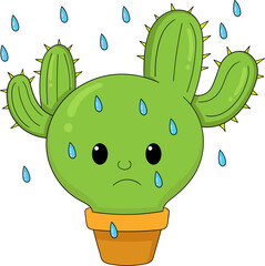 Wall Mural - cactus plant in a pot, sad face caught in the rain