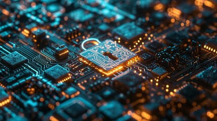 Poster - Access control. Fingerprint security. Cybersecurity and information technology. Blue, red background with digital integrated network technology.