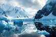 A stunning arctic landscape of icebergs, mountains, and glacial lakes creates a serene reflection of nature's raw beauty and the fragility of melting ice in the ever-changing arctic ocean