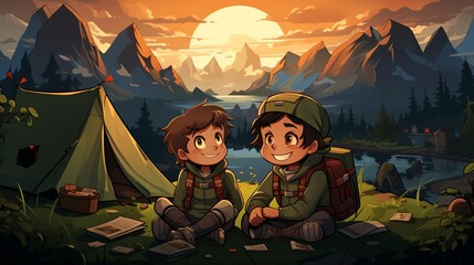 Two friends camping in the mountains