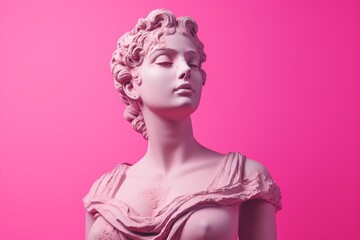 Wall Mural - A stone representation of a Greek woman on a pretty pink background. Created with generative AI tools