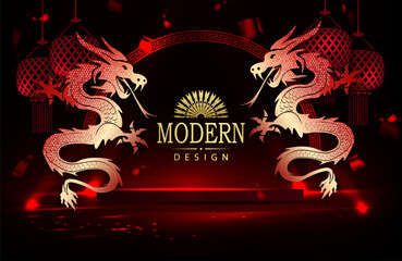 Wall Mural - Chinese New Year, textured dark red illustration with golden shade dragons and podium.