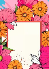 Wall Mural - colorful pink yellow flower frame background with place for text