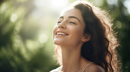 A woman joyfully touching her flawless, glowy skin with a serene expression, soft sunlight illuminating her face, and a lush green background