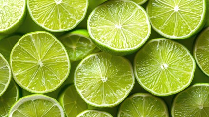 Wall Mural - Fresh juicy lime slices as background, top view