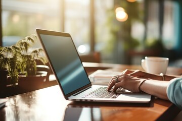 Close-up of woman working on laptop at home,