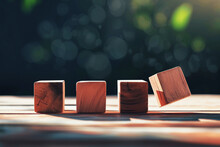 Three Wooden Blocks In A Row - The Fourth Is Tipping Over Against A Blurred, Glowing Background