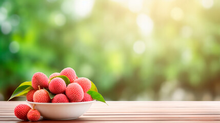 Canvas Print - Lychee in a bowl against the backdrop of the garden. Selective focus.