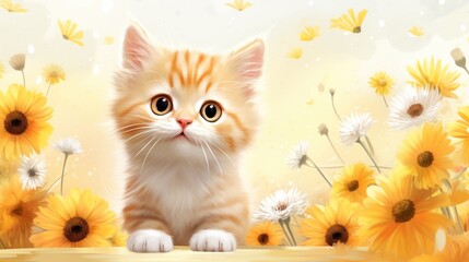 Wall Mural -  a painting of a kitten sitting in front of a bunch of sunflowers with a butterfly in the background.