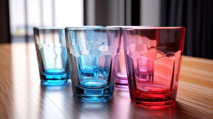  a close up of three different colored glasses on a table with a window in the back ground and curtains in the background.