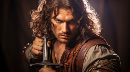 Canvas Print -  a man with long hair holding a sword in his right hand and looking at the camera with a serious look on his face.