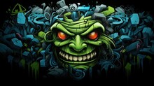  A Green Creature With Red Eyes In Front Of A Black Background With Lots Of Blue And Green Graffiti On It.