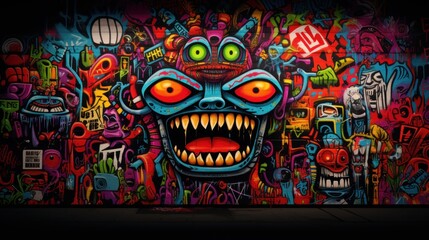 Canvas Print -  a wall with a painting of a monster's face and many other colorful objects on it's side.