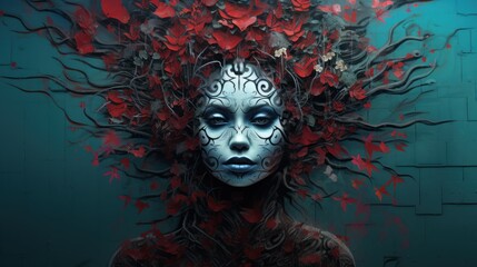 Poster -  a painting of a woman's face with red flowers on her head and a brick wall in the background.