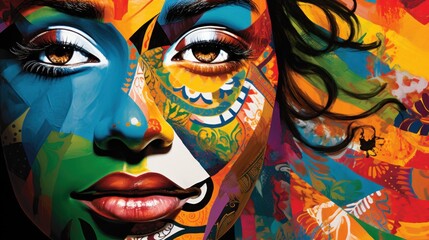 Wall Mural -  a close up of a woman's face with colorful paint on her face and a butterfly on her face.