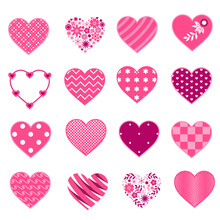 Set Of Pink Hearts With Different Designs For Valentine's Day