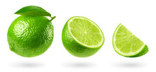 Lime Isolated Set. Collection Of Ripe Lime, Half And Piece Of Lime On A Transparent Background. Fruit Levitation.