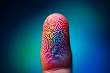 Colorful Fingerprint Leaning On Control Glass For Biometric Scan. Concept Of Surveillance And Security Through Human Fingerprints In The Future Of Digital Technology.