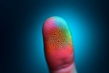 Poster - colorful fingerprint leaning on control glass for biometric scan. concept of surveillance and security through human fingerprints in the future of digital technology.