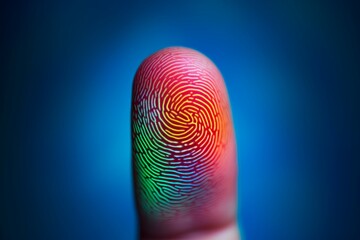 Poster - colorful fingerprint leaning on control glass for biometric scan. concept of surveillance and security through human fingerprints in the future of digital technology.